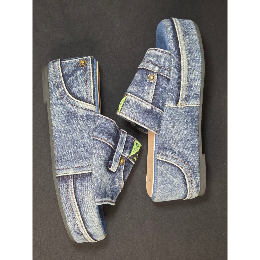 Denim‎ Platform Wedge Slide Sandals Y2K Jean Pocket Mules Blue Acid Wash Size 39